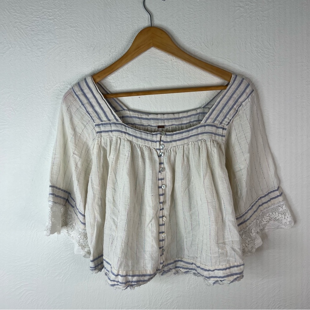 Free People See Saw Boho Peasant Top Lace Trim Cream Metallic Size S Small - Picture 2 of 10